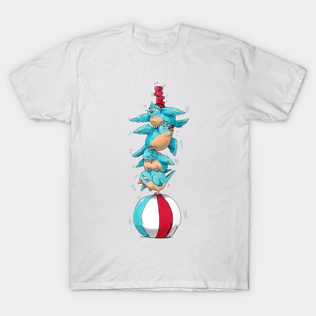 Blue Birds Balancing Boiling Beverages on a Beach Ball T-Shirt by nickelcurry